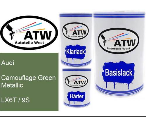 Audi, Camouflage Green Metallic, LX6T / 9S: 500ml Lackdose + 500ml Klarlack + 250ml Härter - Set, von ATW Autoteile West.